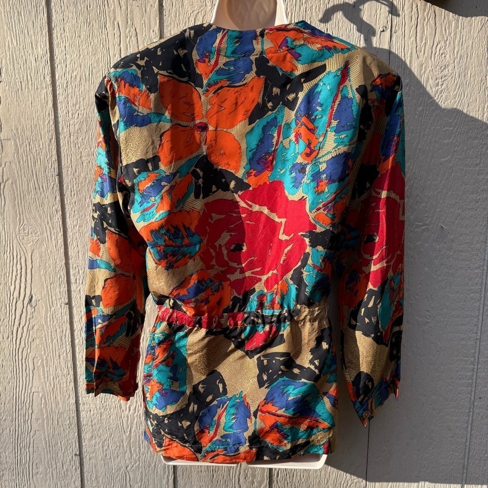 Vintage Rafaella Women’s 100% Silk Abstract Colorful Button-Up Blouse Pockets S - Picture 3 of 4